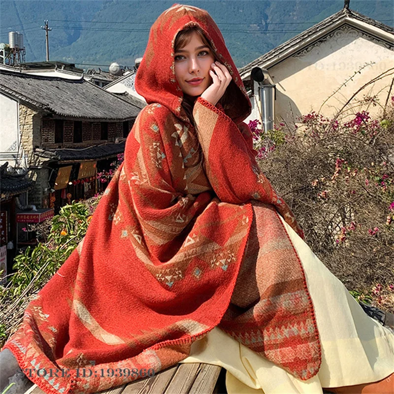Woven Scarf Blanket - 후드형 보온 스카프 숄 케이프 신상